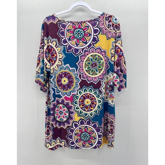 Pink Lilly Teal Pink and Mustard Floral Short Ruffle Sleeve Tunic‎ - Picture 2 of 2